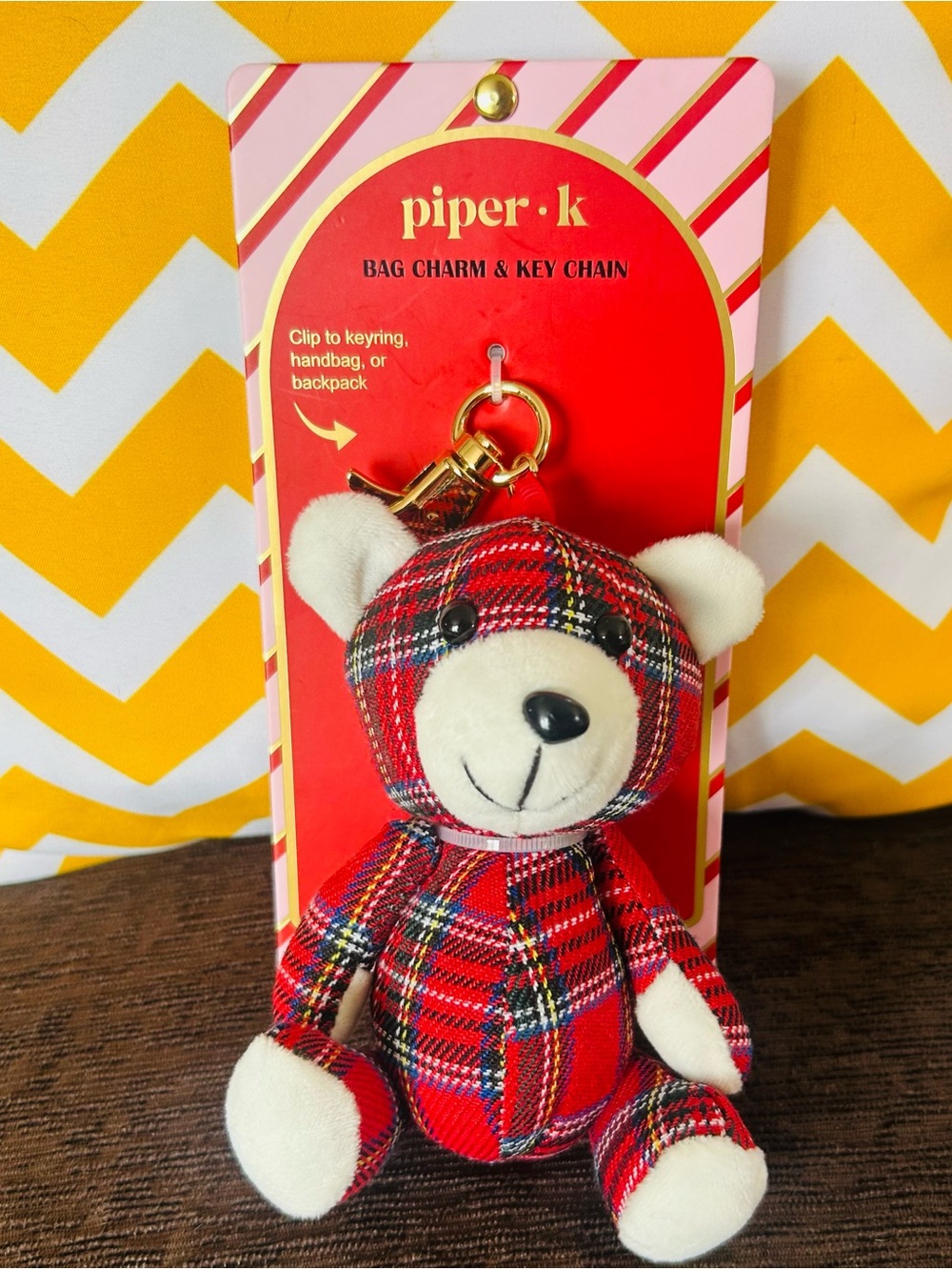 Piper K Red Plaid Teddy Bear Clip Bag Charm Key Chain NWT - Picture 5 of 6